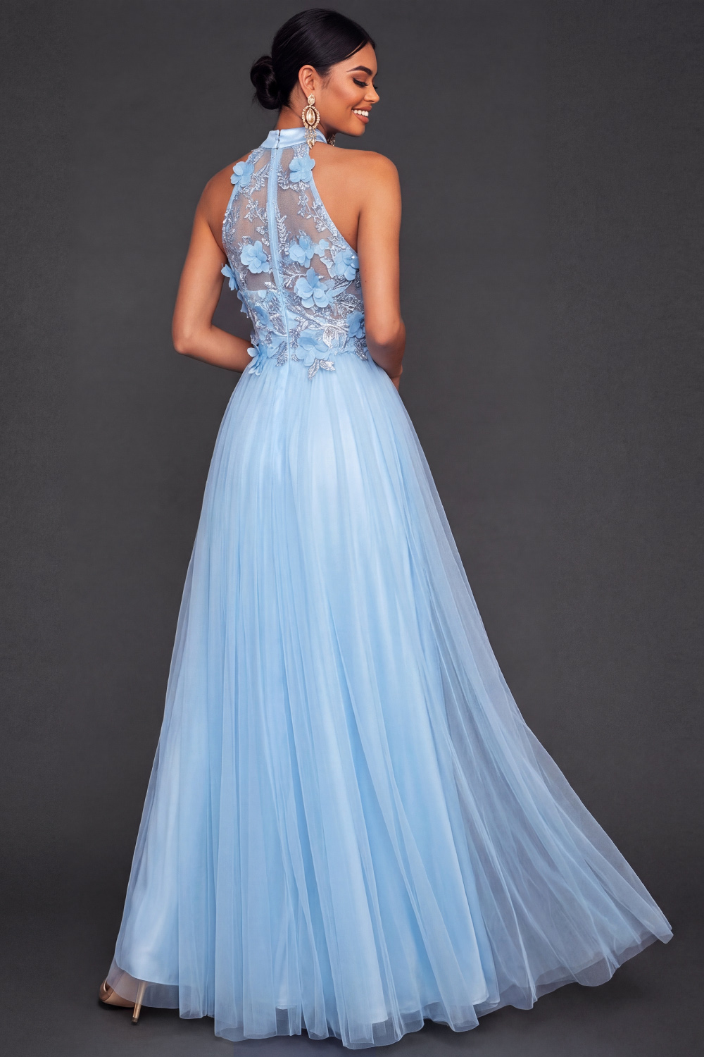 Light Blue Jacquard Formal Dress Keyhole Pleated Tulle Maxi Dress with Slit