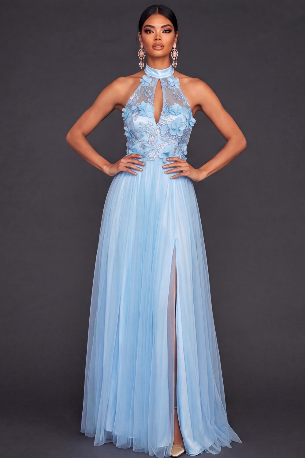jacquard layered tulle dress　S Light Blue Jacquard Formal Dress Keyhole Pleated Tulle Maxi Dress