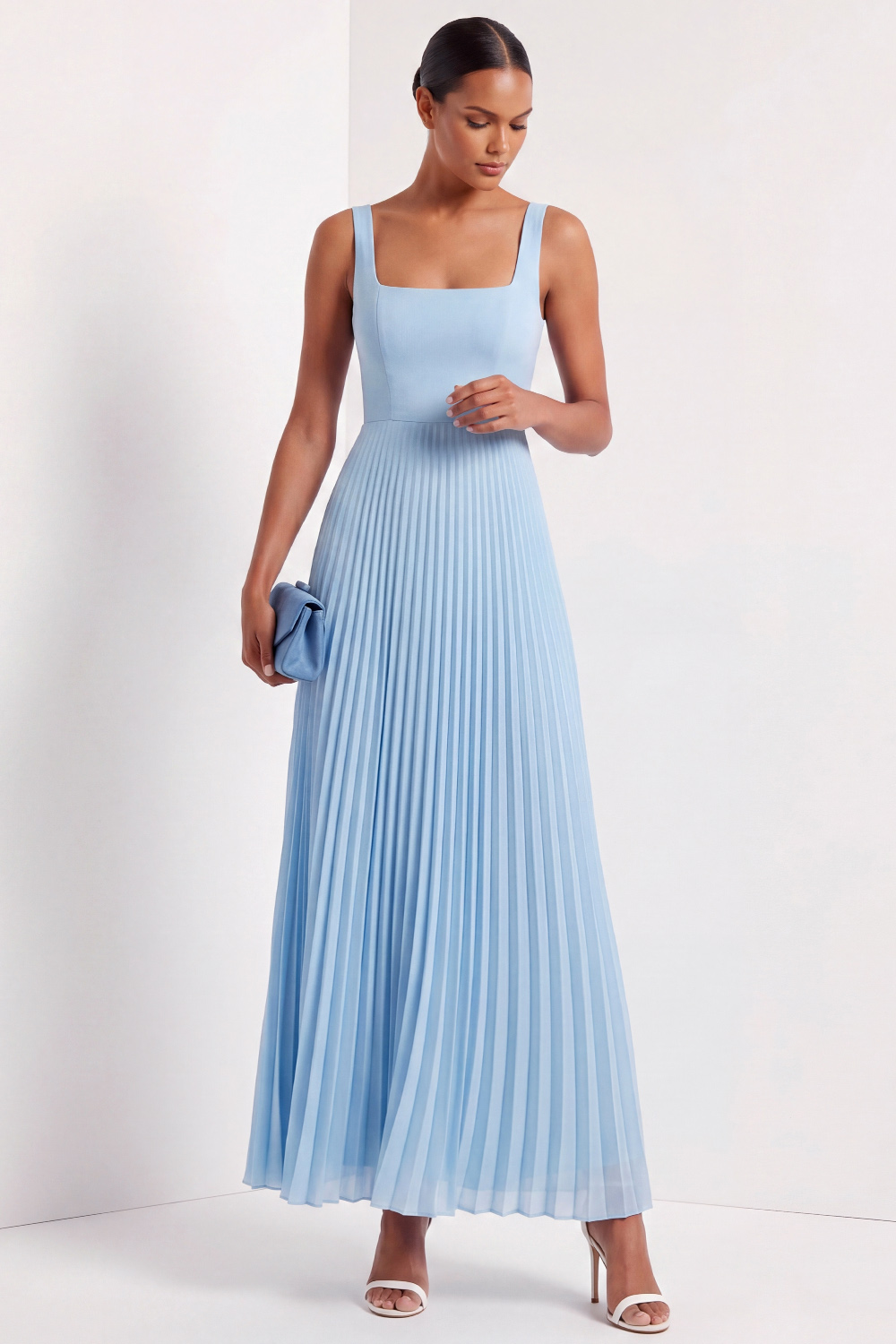 Light Blue A-Line Formal Dress Wide Straps Pleated Chiffon Maxi Dress