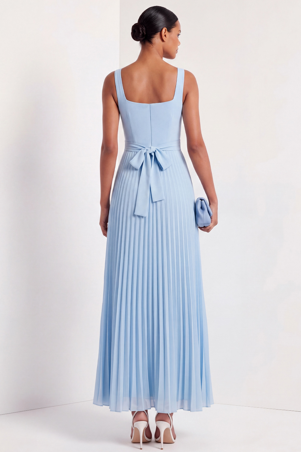 Light Blue A-Line Formal Dress Wide Straps Pleated Chiffon Maxi Dress