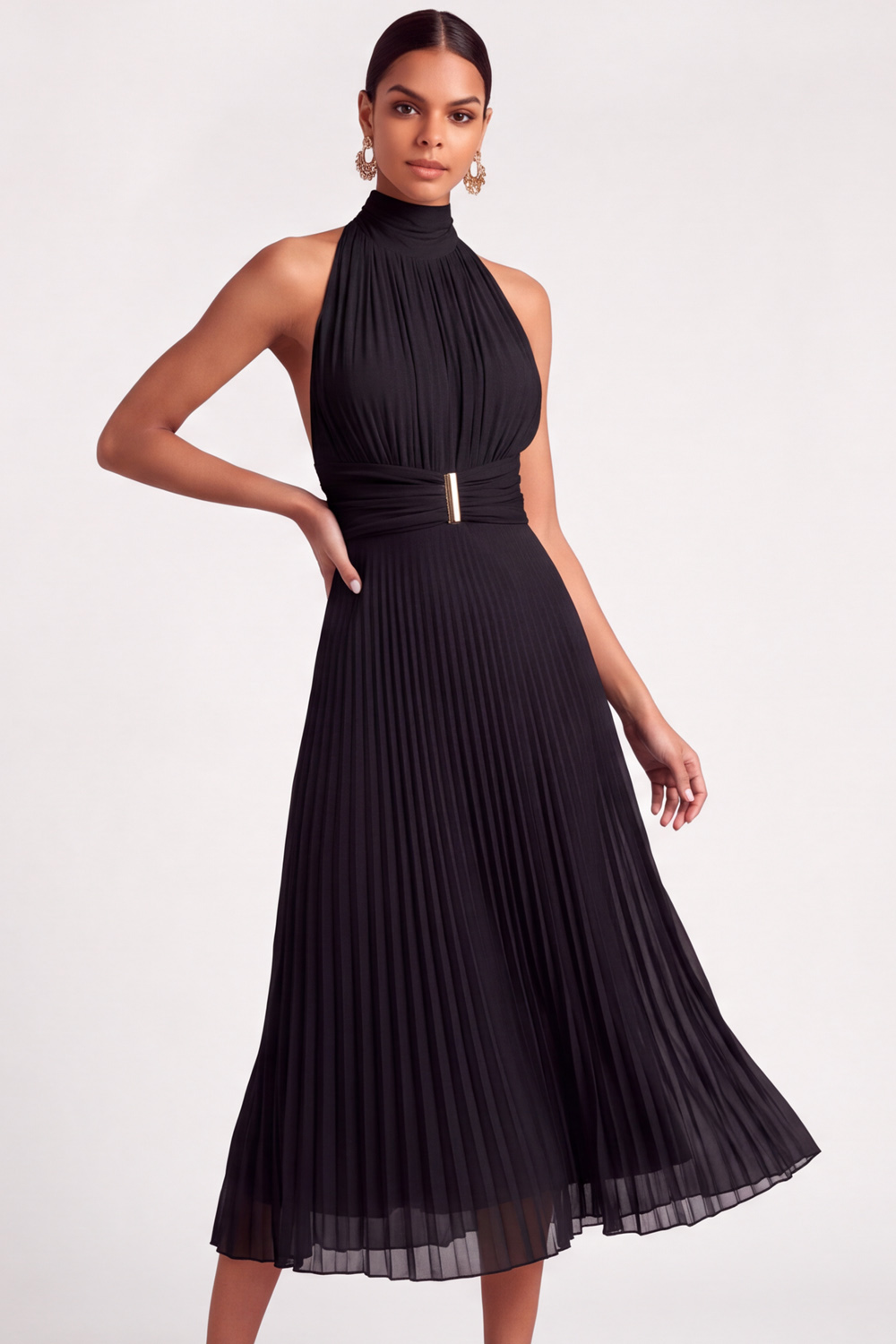 The Bahia | Light Blue A-Line Formal Dress High Neck Pleated Chiffon Midi Dress | Chiclody