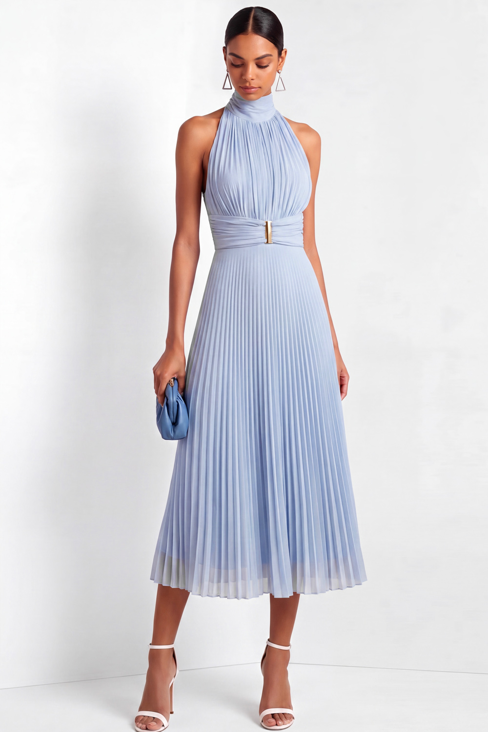 Light Blue A-Line Formal Dress High Neck Pleated Chiffon Midi Dress