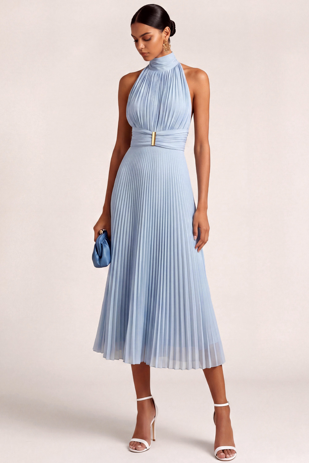 Light Blue A-Line Formal Dress High Neck Pleated Chiffon Midi Dress