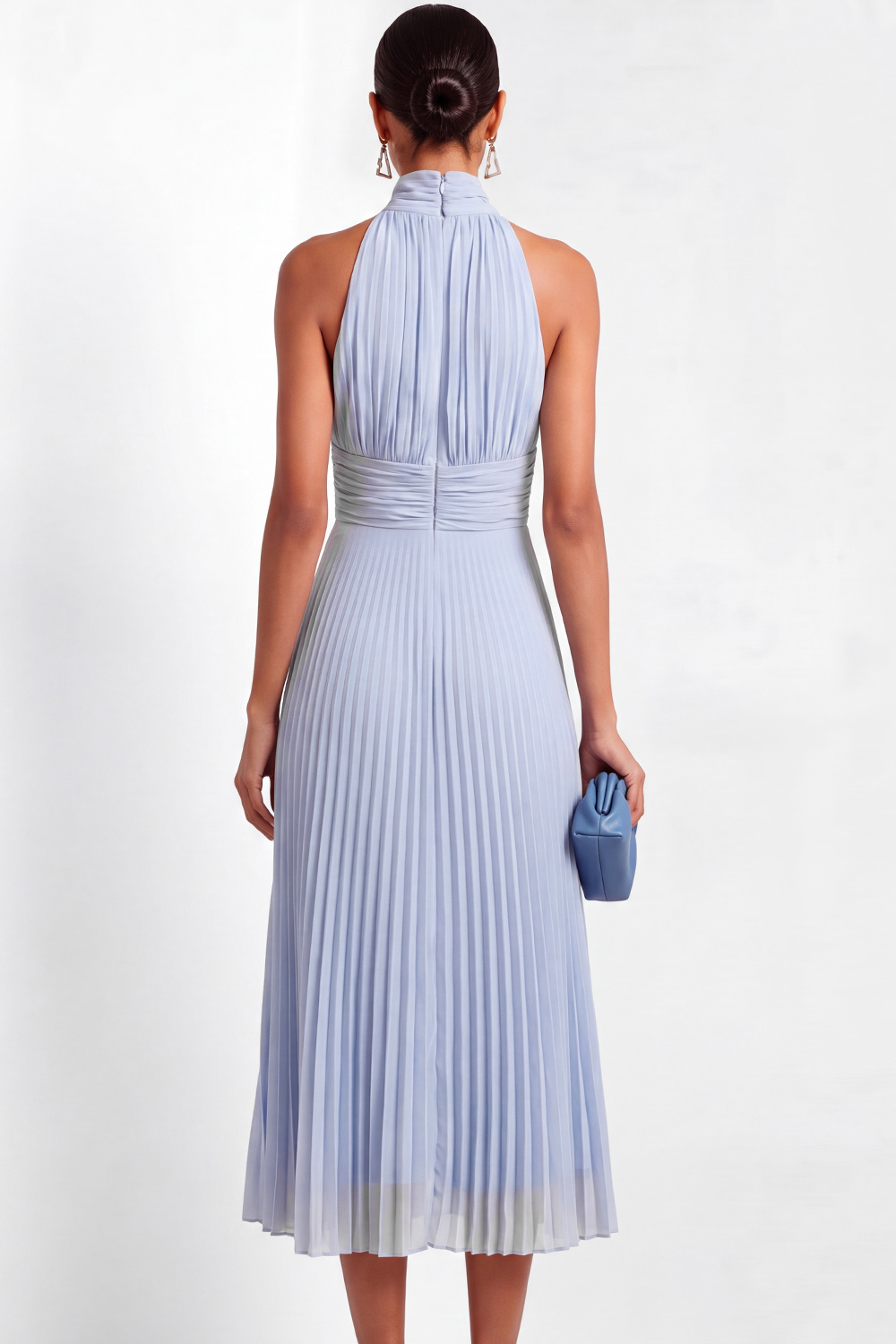 Light Blue A-Line Formal Dress High Neck Pleated Chiffon Midi Dress