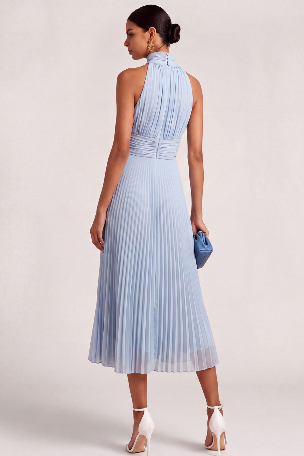 Light Blue A-Line Formal Dress High Neck Pleated Chiffon Midi Dress