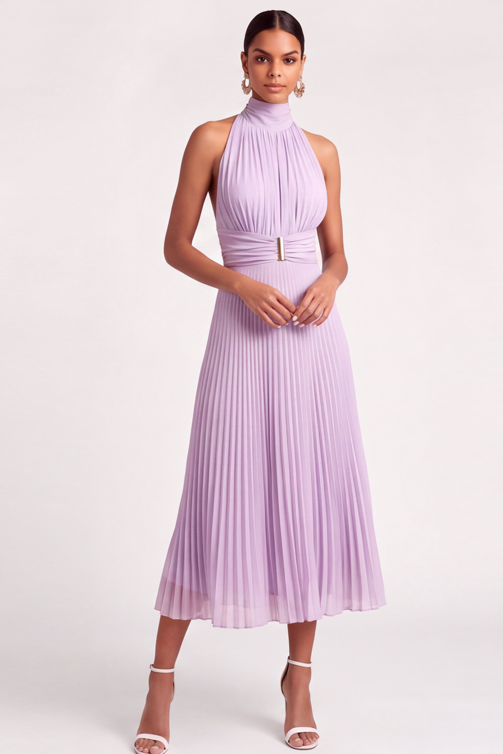 The Bahia | Light Blue A-Line Formal Dress High Neck Pleated Chiffon Midi Dress | Chiclody