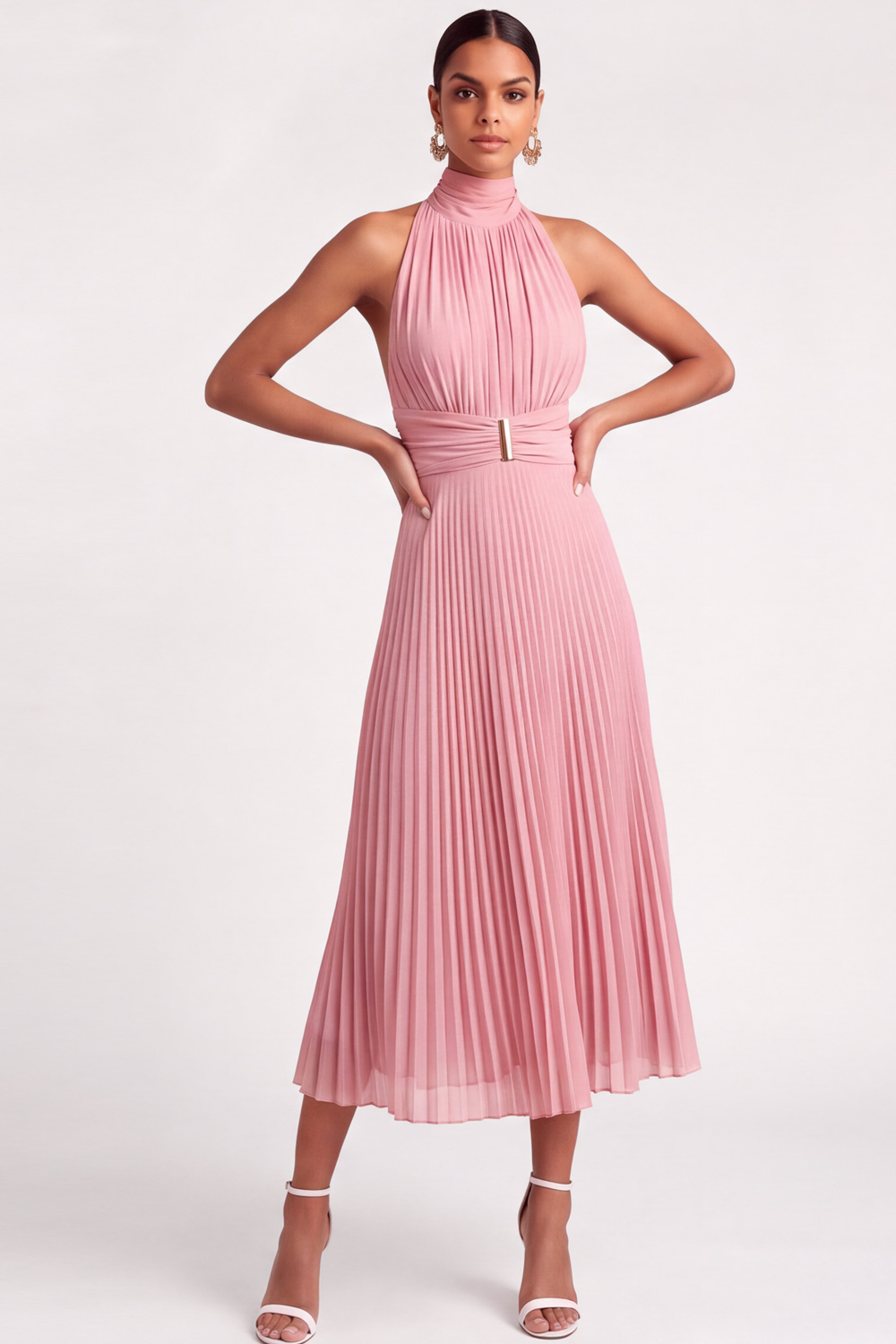 The Bahia | Light Blue A-Line Formal Dress High Neck Pleated Chiffon Midi Dress | Chiclody