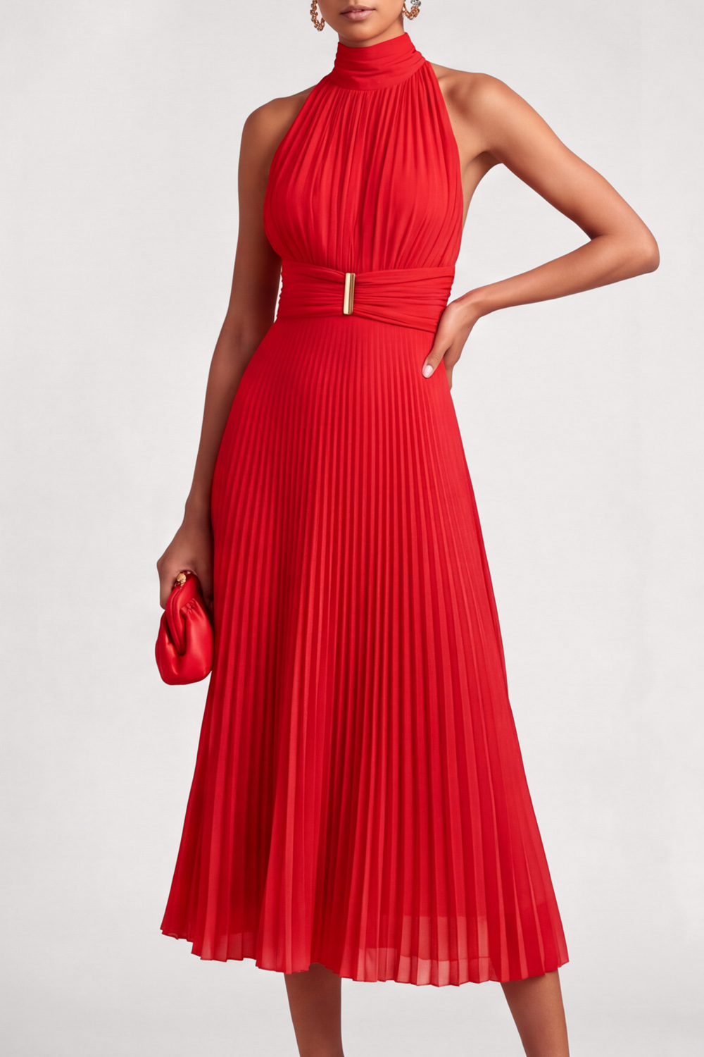 The Bahia | Light Blue A-Line Formal Dress High Neck Pleated Chiffon Midi Dress | Chiclody
