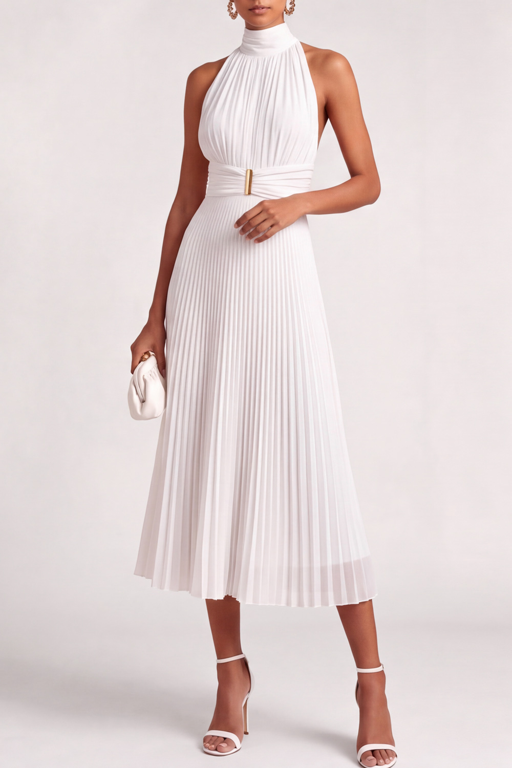 The Bahia | Light Blue A-Line Formal Dress High Neck Pleated Chiffon Midi Dress | Chiclody