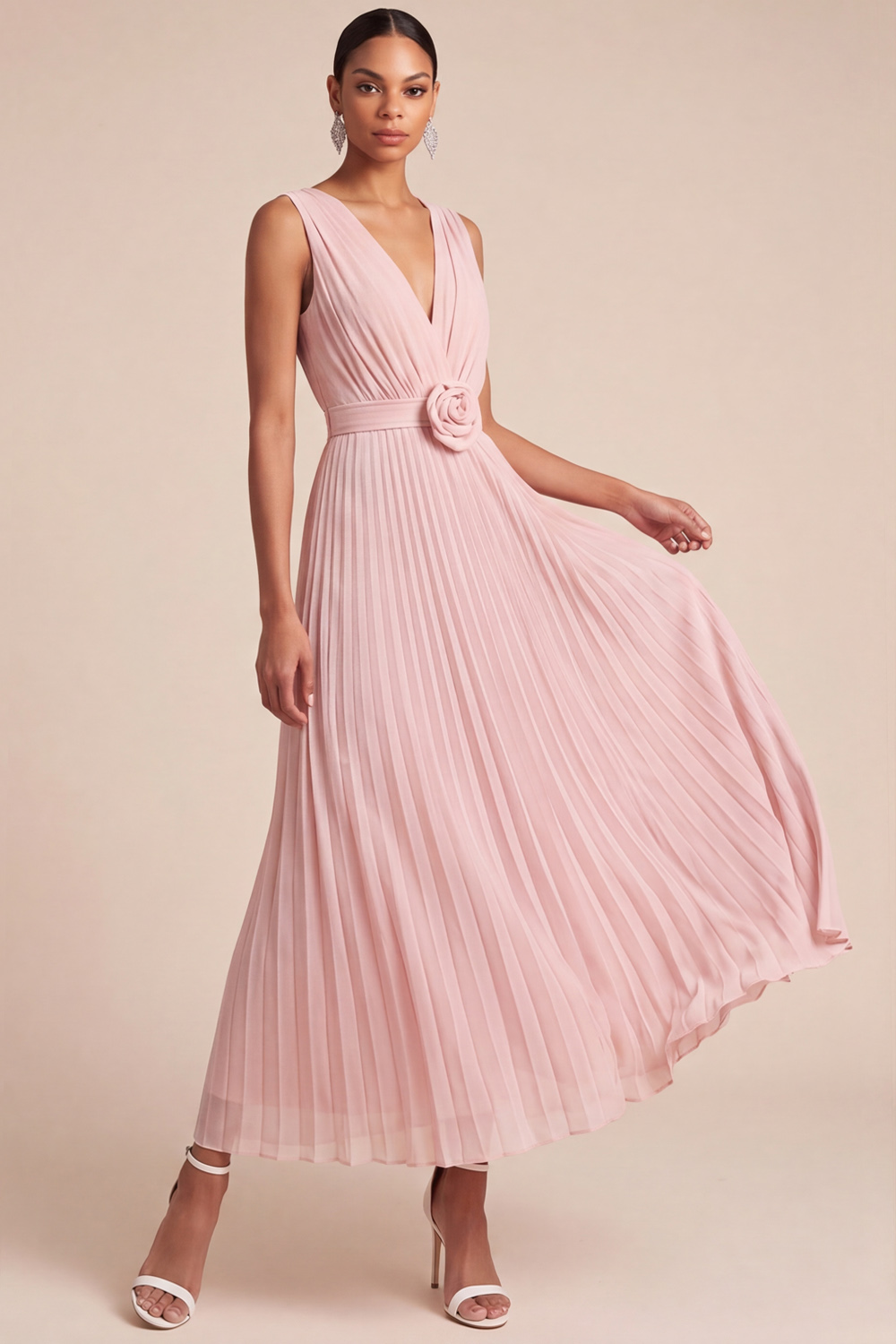 Light Pink Formal Dress V-Neck Pleated Chiffon Maxi Dress with 3D Flower