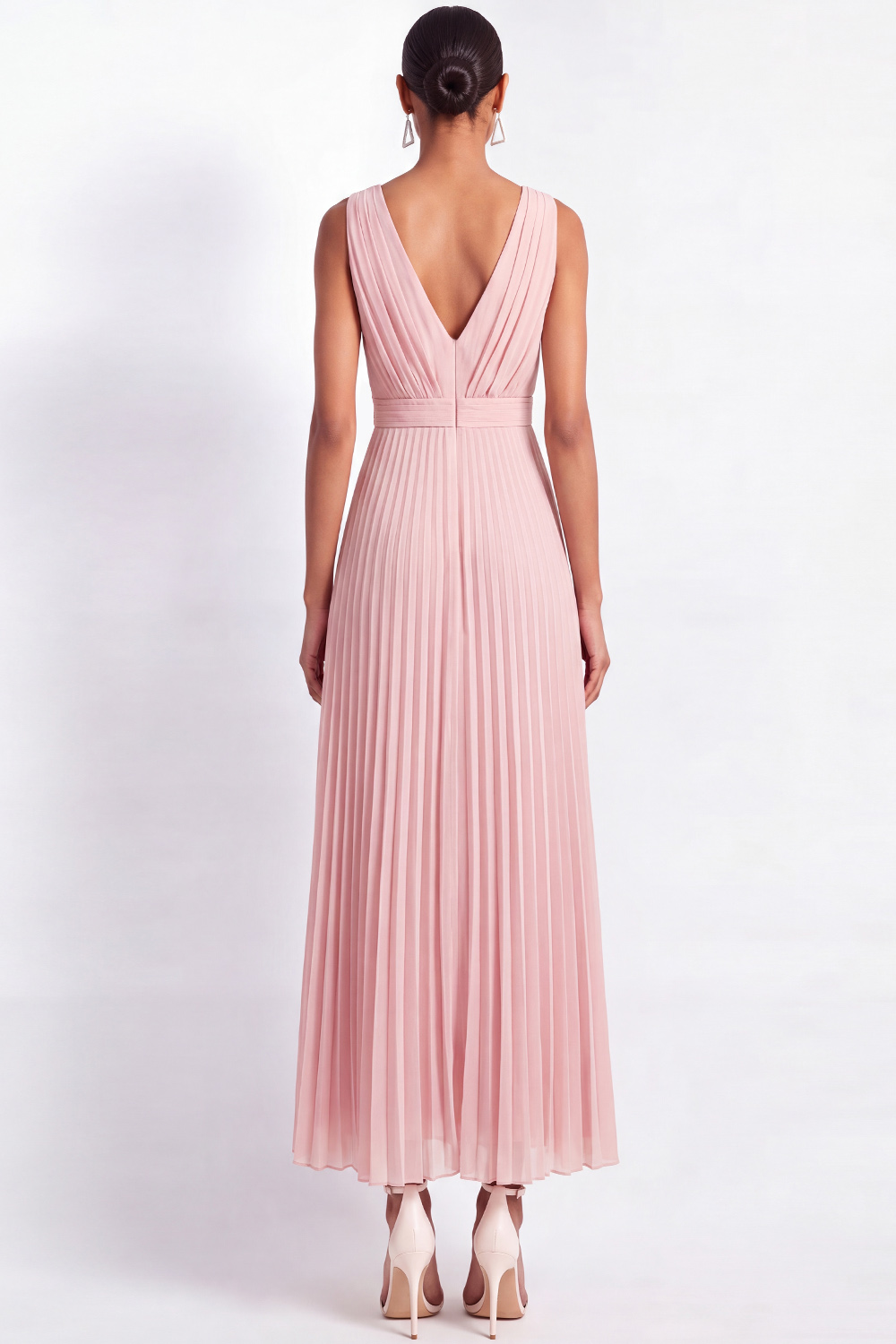 Light Pink Formal Dress V-Neck Pleated Chiffon Maxi Dress with 3D Flower