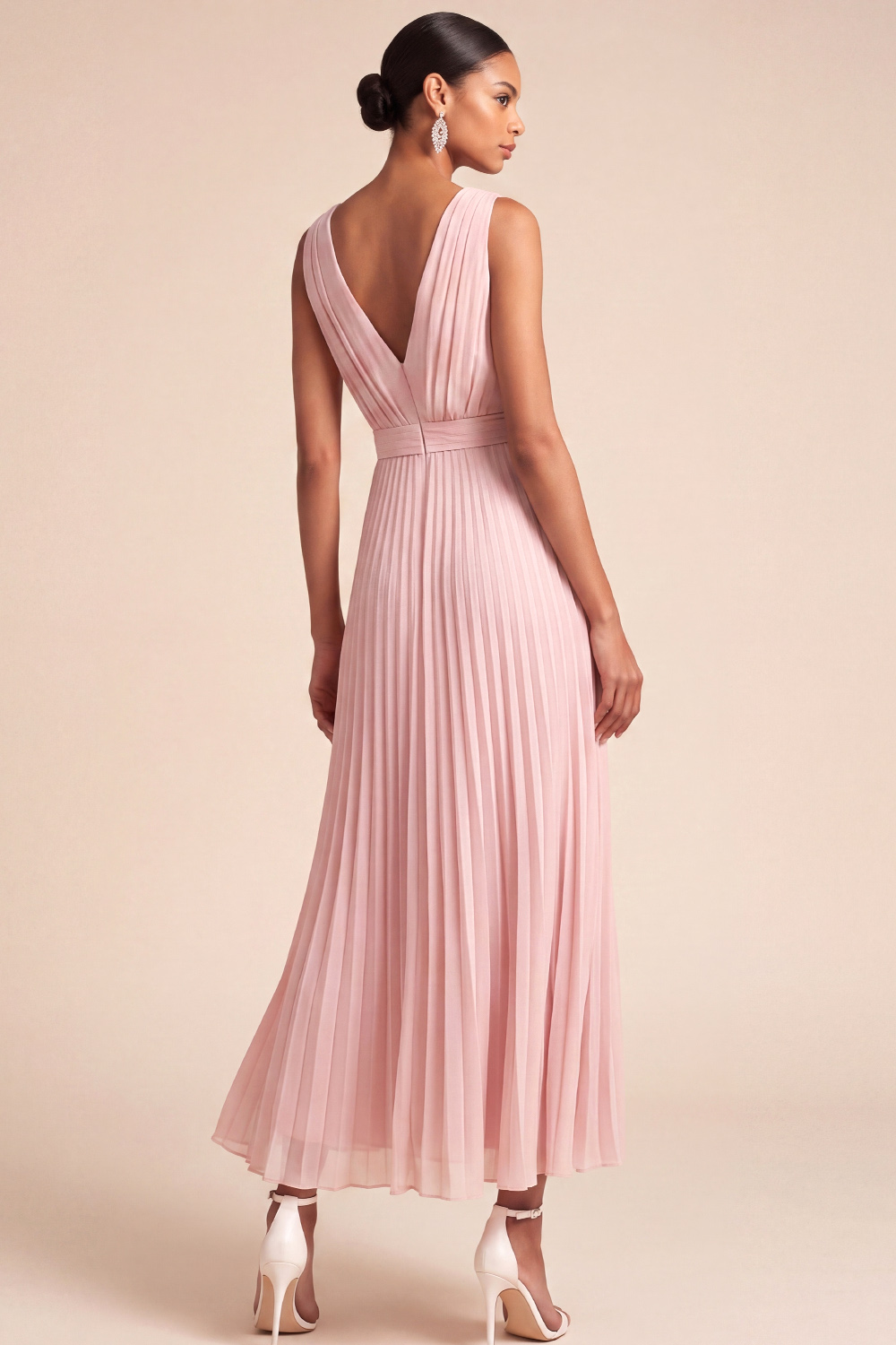 Light Pink Formal Dress V-Neck Pleated Chiffon Maxi Dress with 3D Flower