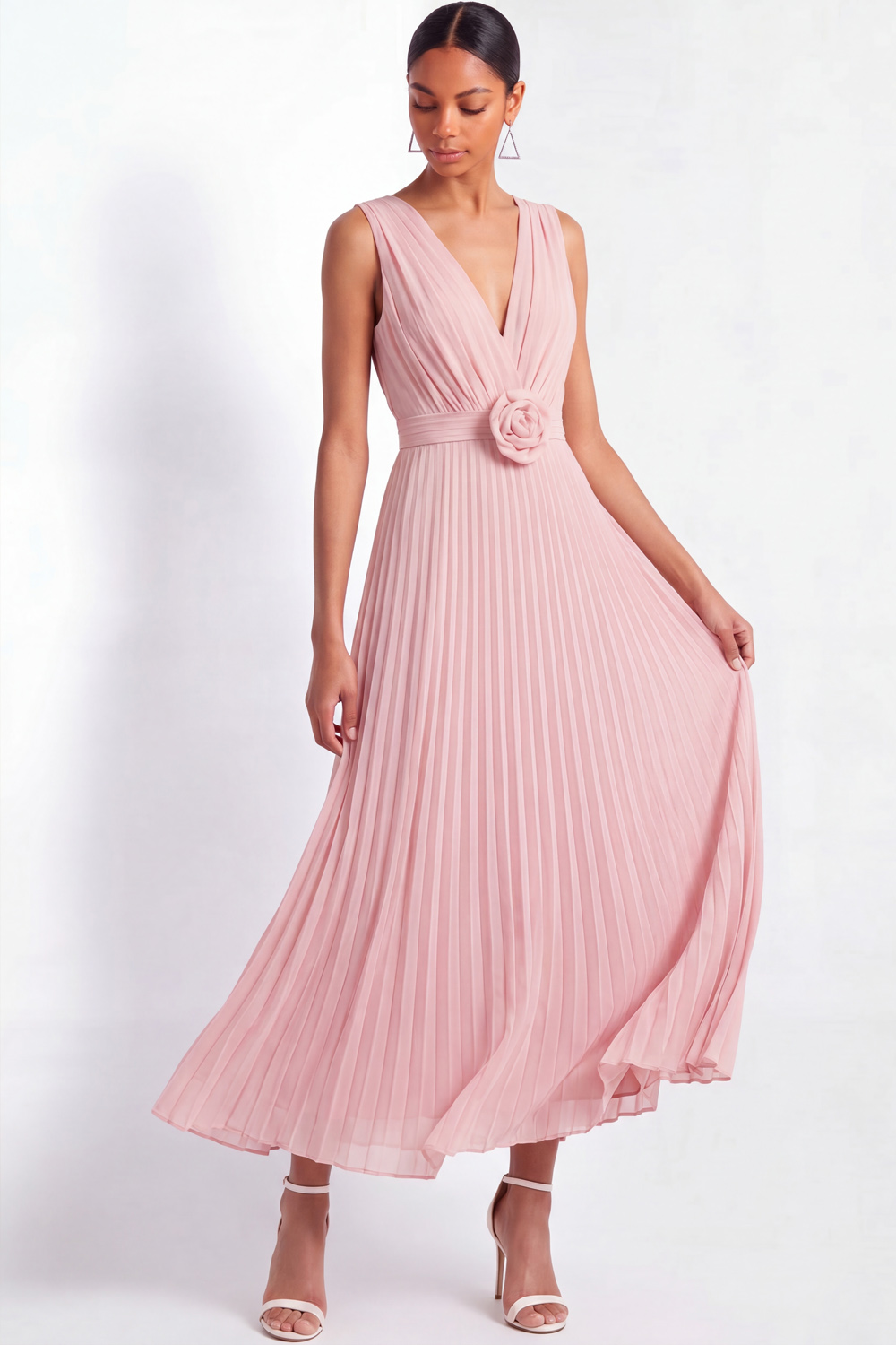 Light Pink Formal Dress V-Neck Pleated Chiffon Maxi Dress with 3D Flower