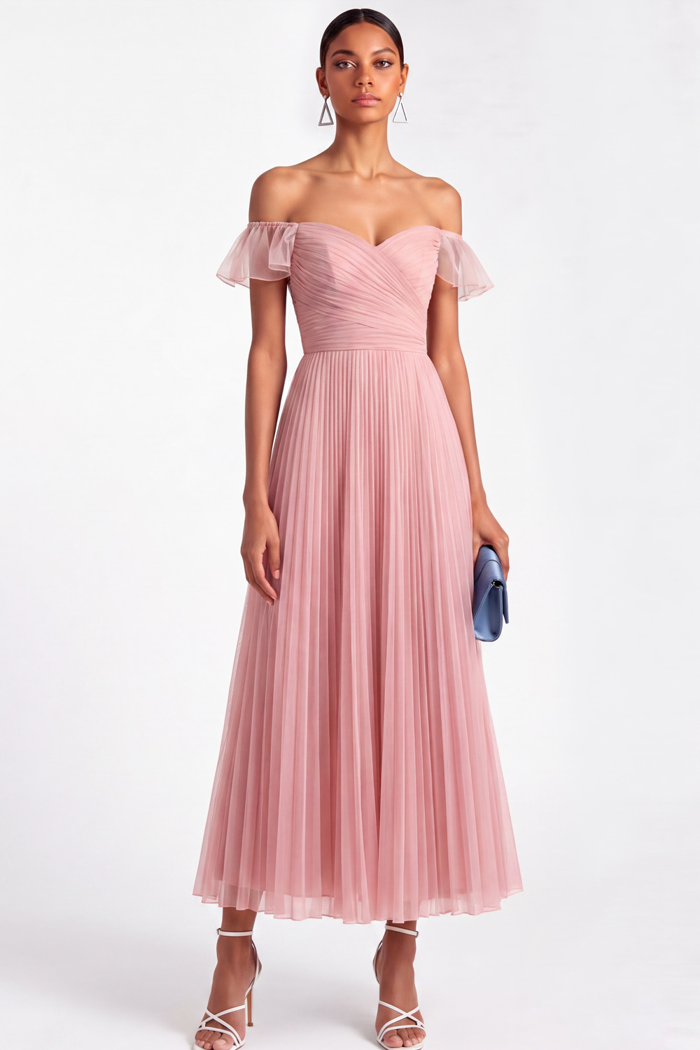 Light Pink Formal Dress Off the Shoulder Pleated Chiffon Maxi Dress with Ruffle