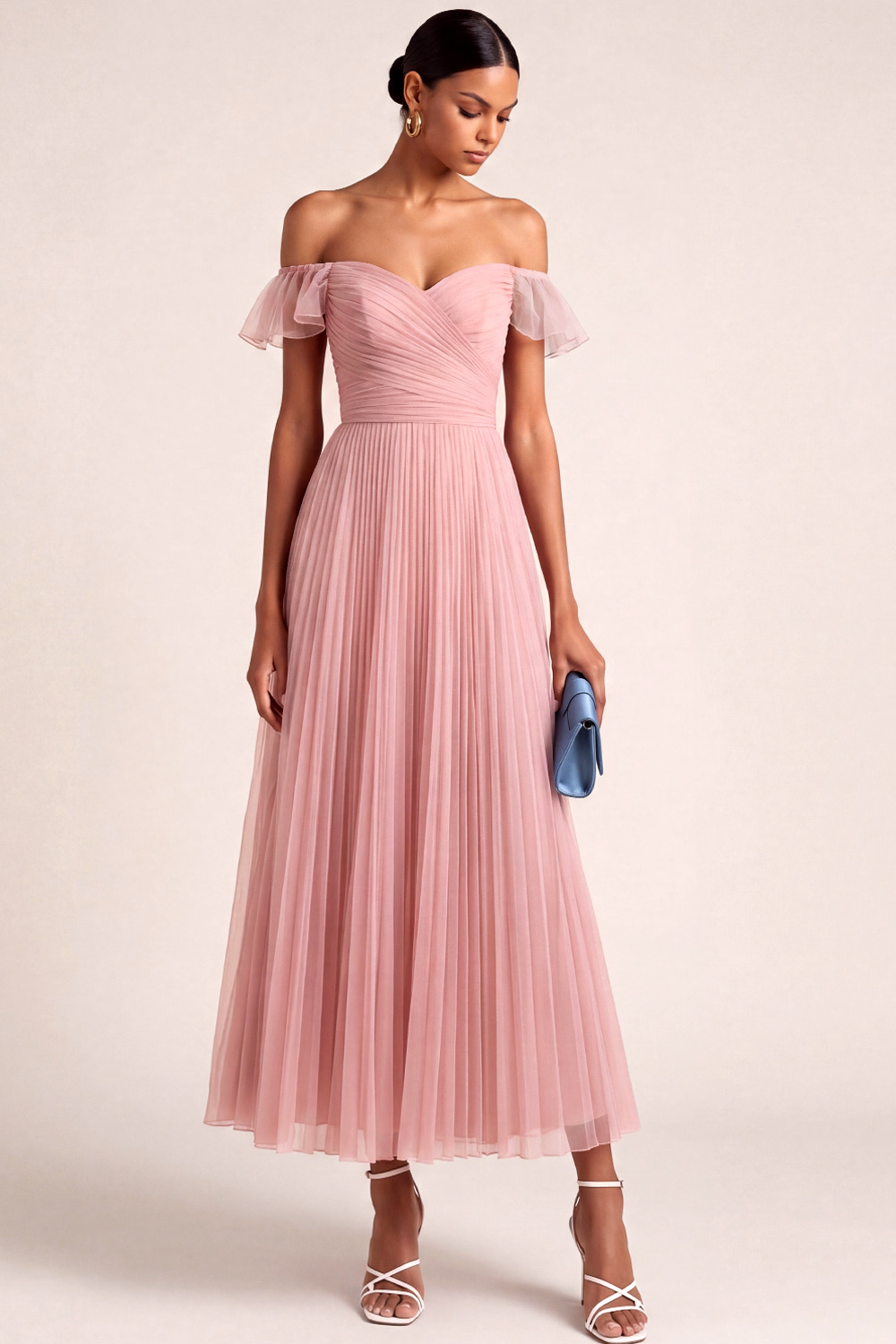 Light Pink Formal Dress Off the Shoulder Pleated Chiffon Maxi Dress with Ruffle