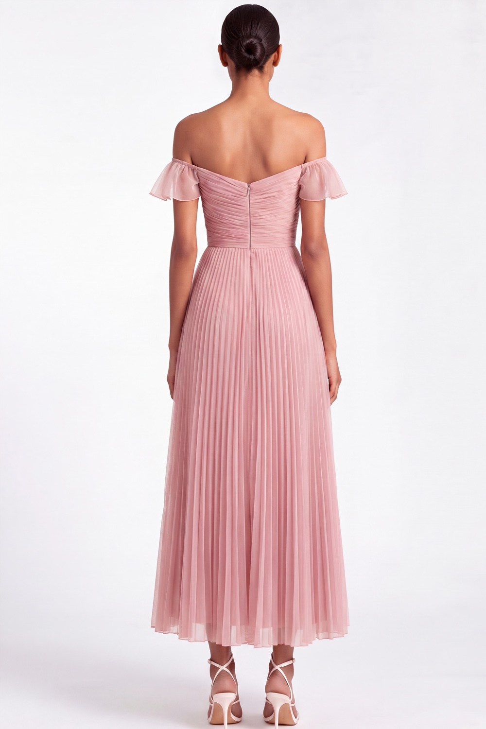 Light Pink Formal Dress Off the Shoulder Pleated Chiffon Maxi Dress with Ruffle