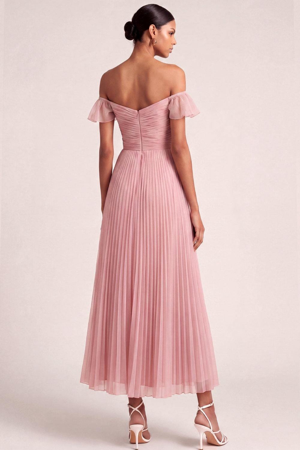 Light Pink Formal Dress Off the Shoulder Pleated Chiffon Maxi Dress with Ruffle