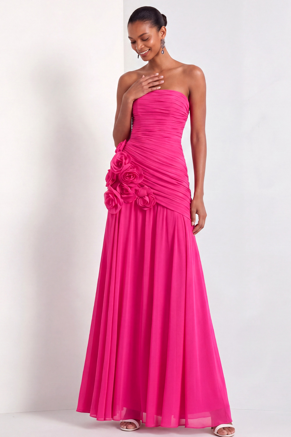 Fuchsia Formal Dress Strapless Pleated Chiffon Maxi Dress with 3D Flower