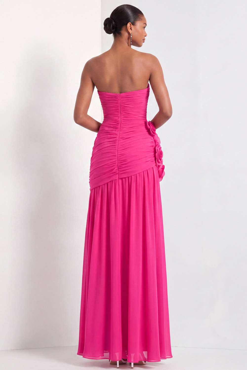 Fuchsia Formal Dress Strapless Pleated Chiffon Maxi Dress with 3D Flower