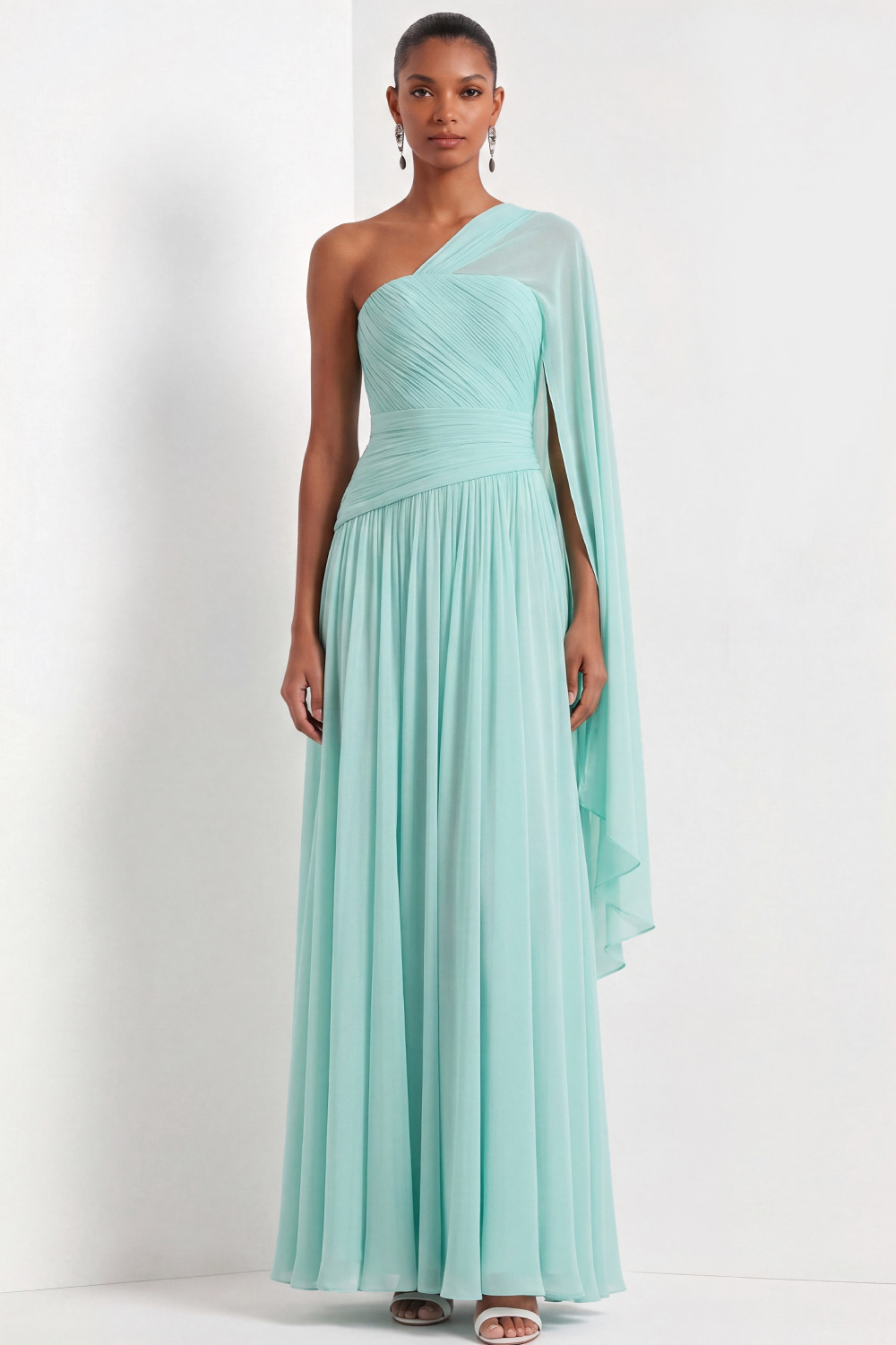 Mint Green A-Line Formal Dress Pleated Chiffon Maxi Dress with Cape