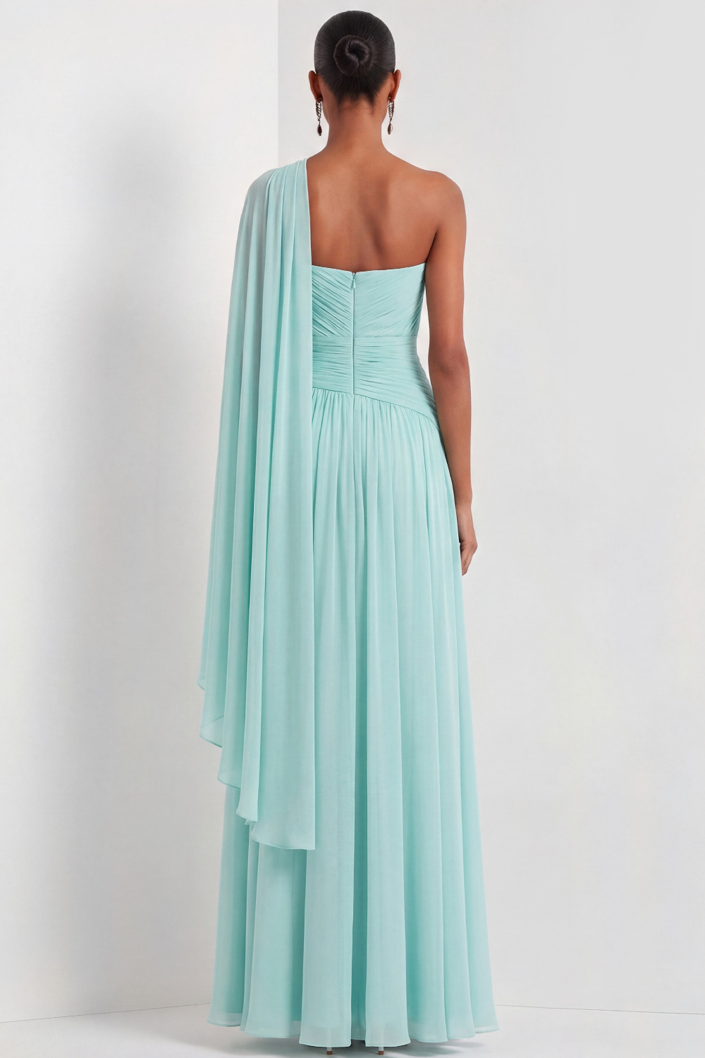 Mint Green A-Line Formal Dress Pleated Chiffon Maxi Dress with Cape