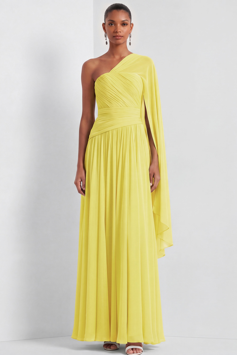Mint Green A-Line Formal Dress Pleated Chiffon Maxi Dress with Cape
