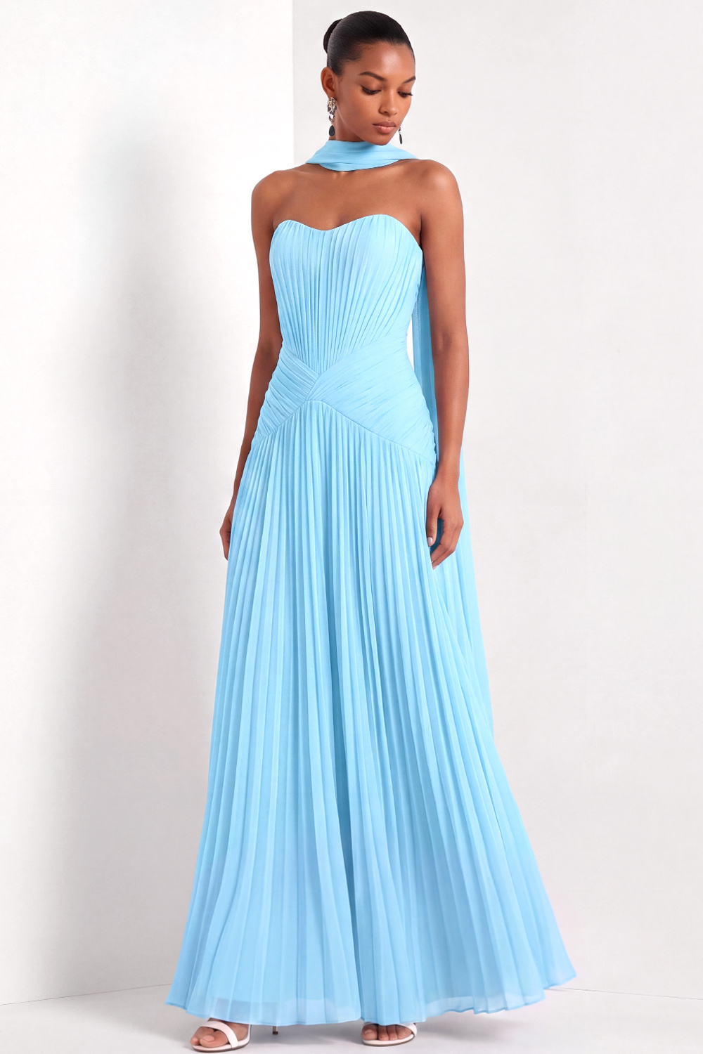 Light Blue Sweetheart Formal Dress Pleated Chiffon Maxi Dress with Scarf