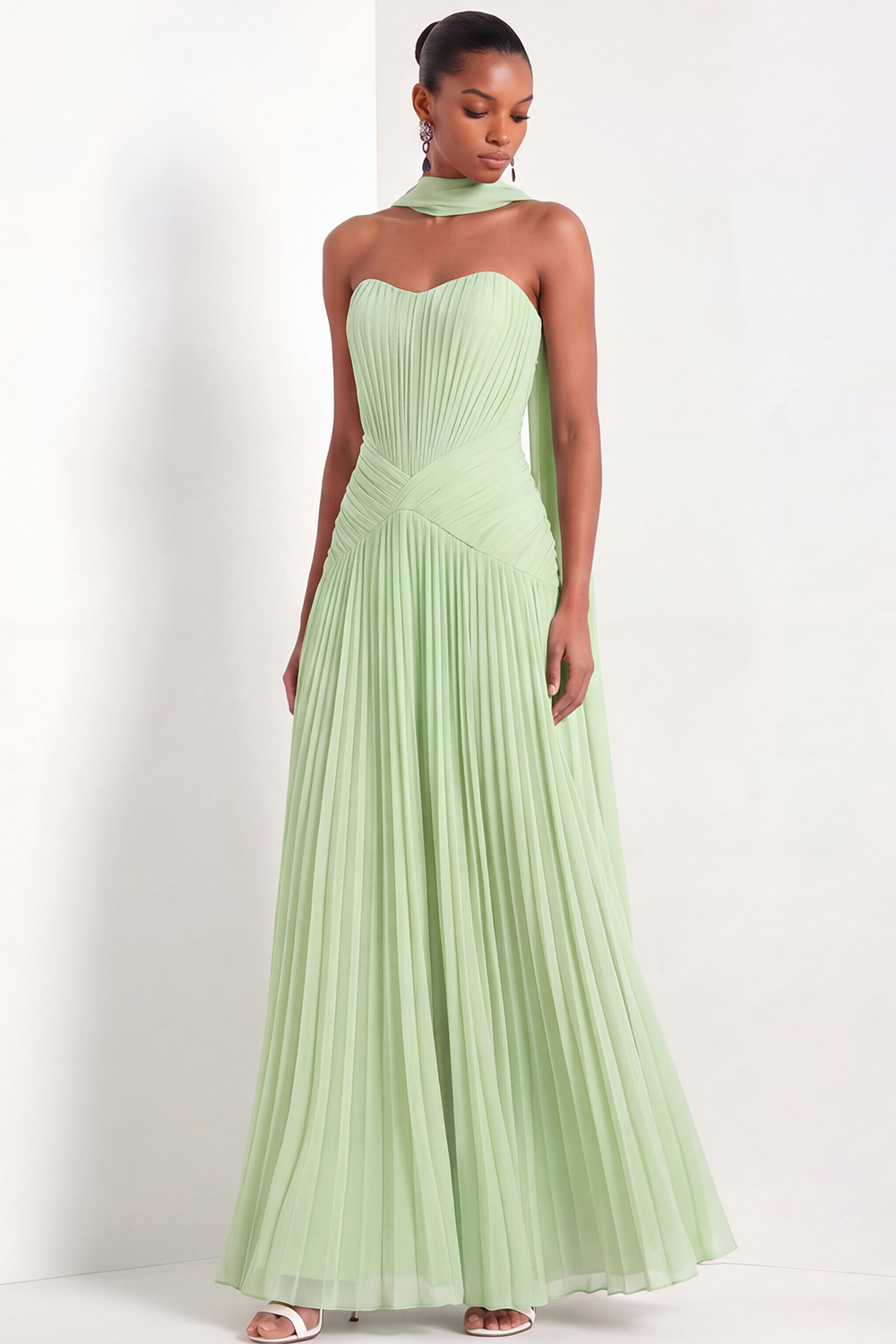 Light Blue Sweetheart Formal Dress Pleated Chiffon Maxi Dress with Scarf