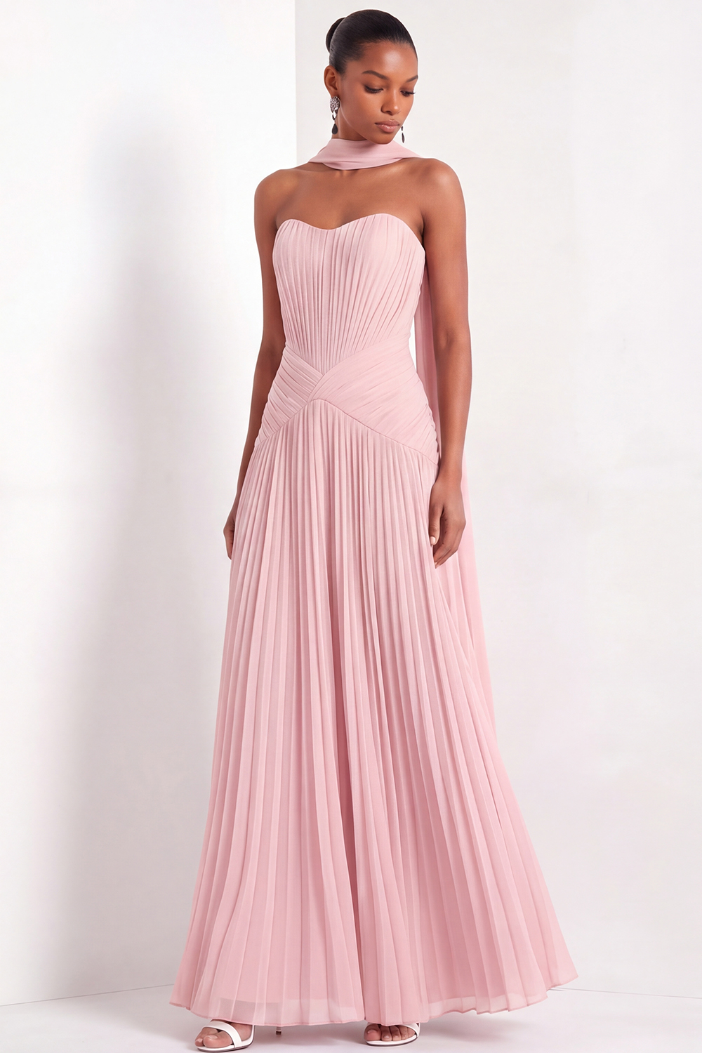 Light Blue Sweetheart Formal Dress Pleated Chiffon Maxi Dress with Scarf