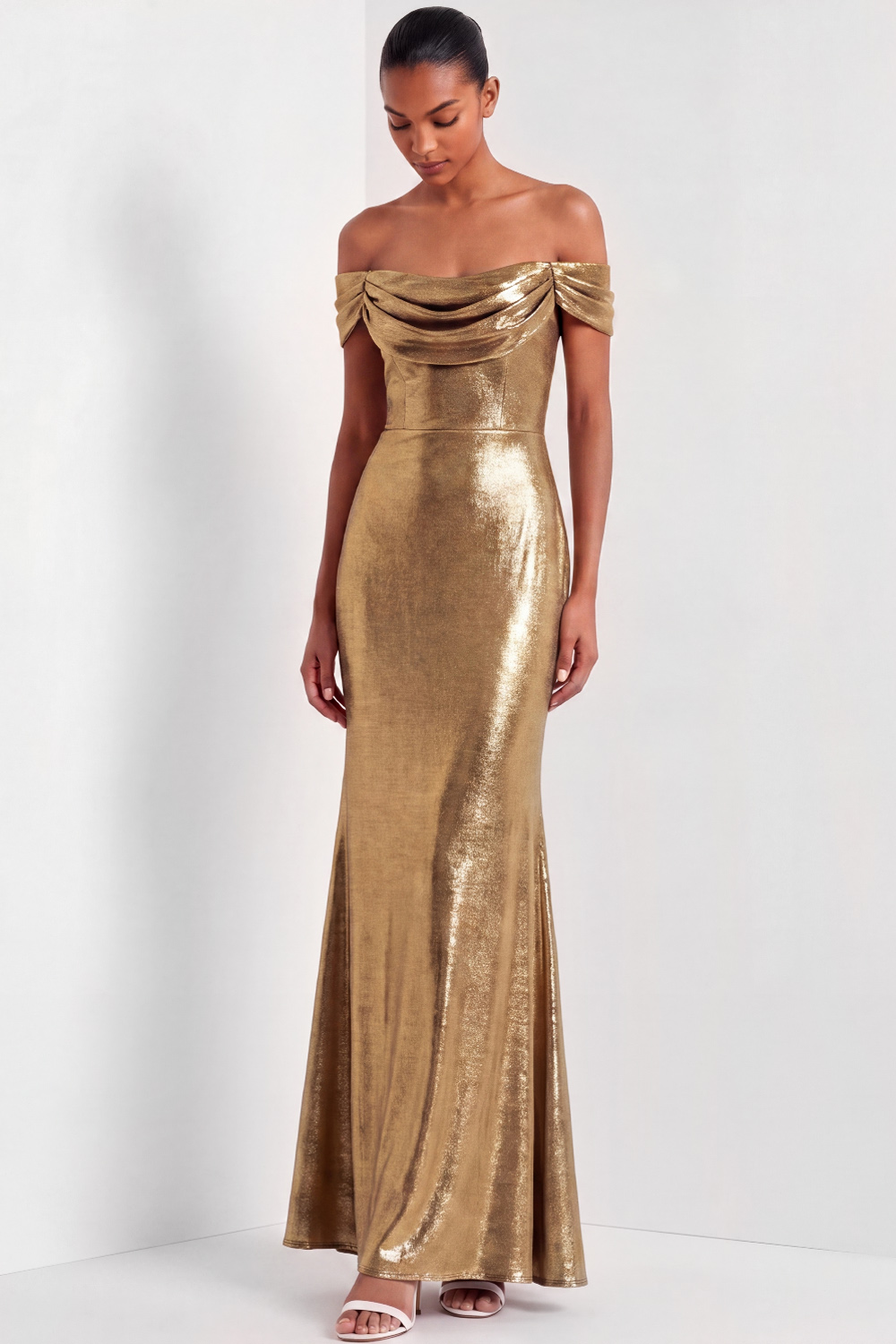 Golden Mermaid Formal Evening Dress Off the Shoulder Metallic Satin Maxi Dress 