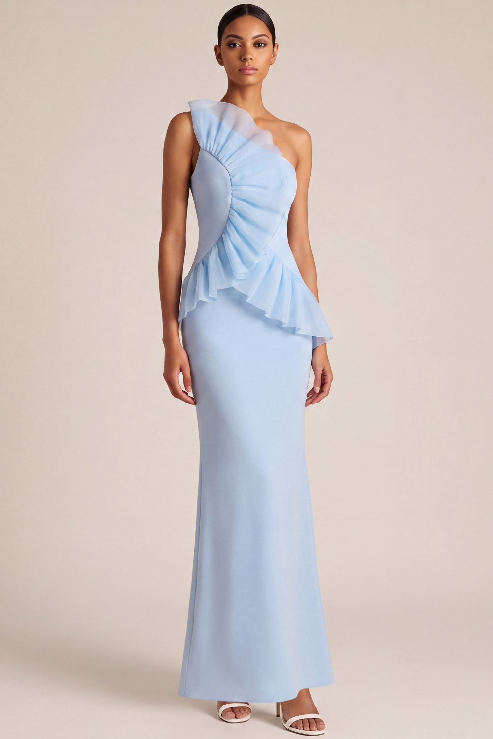 Light Blue Organza Formal Dress One Shoulder Sheath Maxi Dress with Ruffle