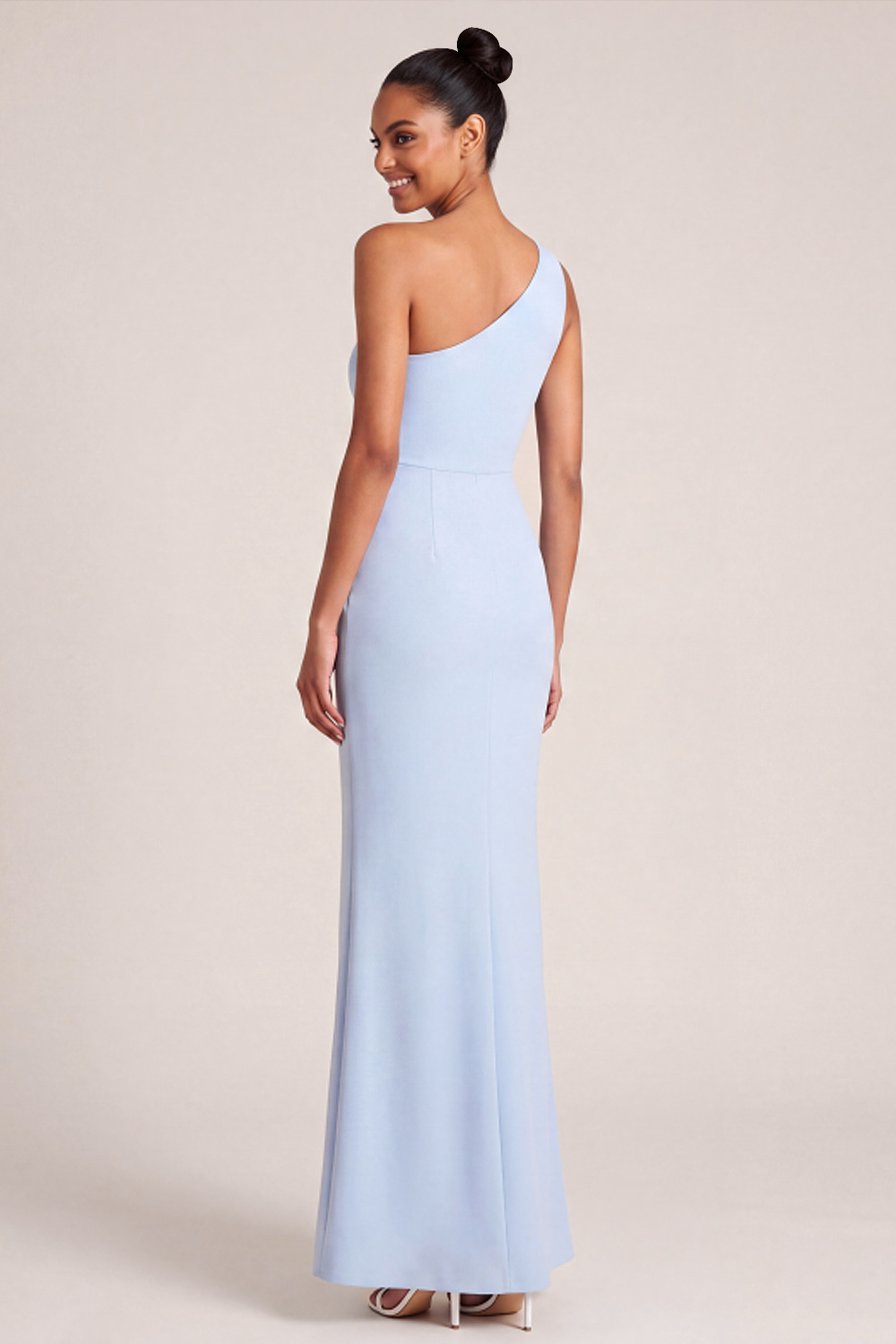 Light Blue Organza Formal Dress One Shoulder Sheath Maxi Dress with Ruffle