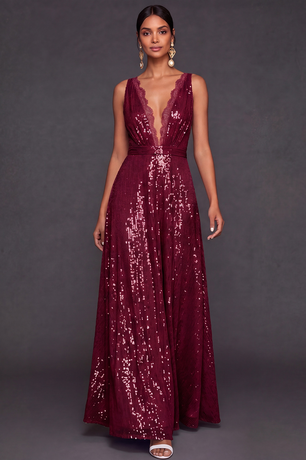 Light Blue Formal Dress A-Line V-Neck Sequin Maxi Dress with Lace