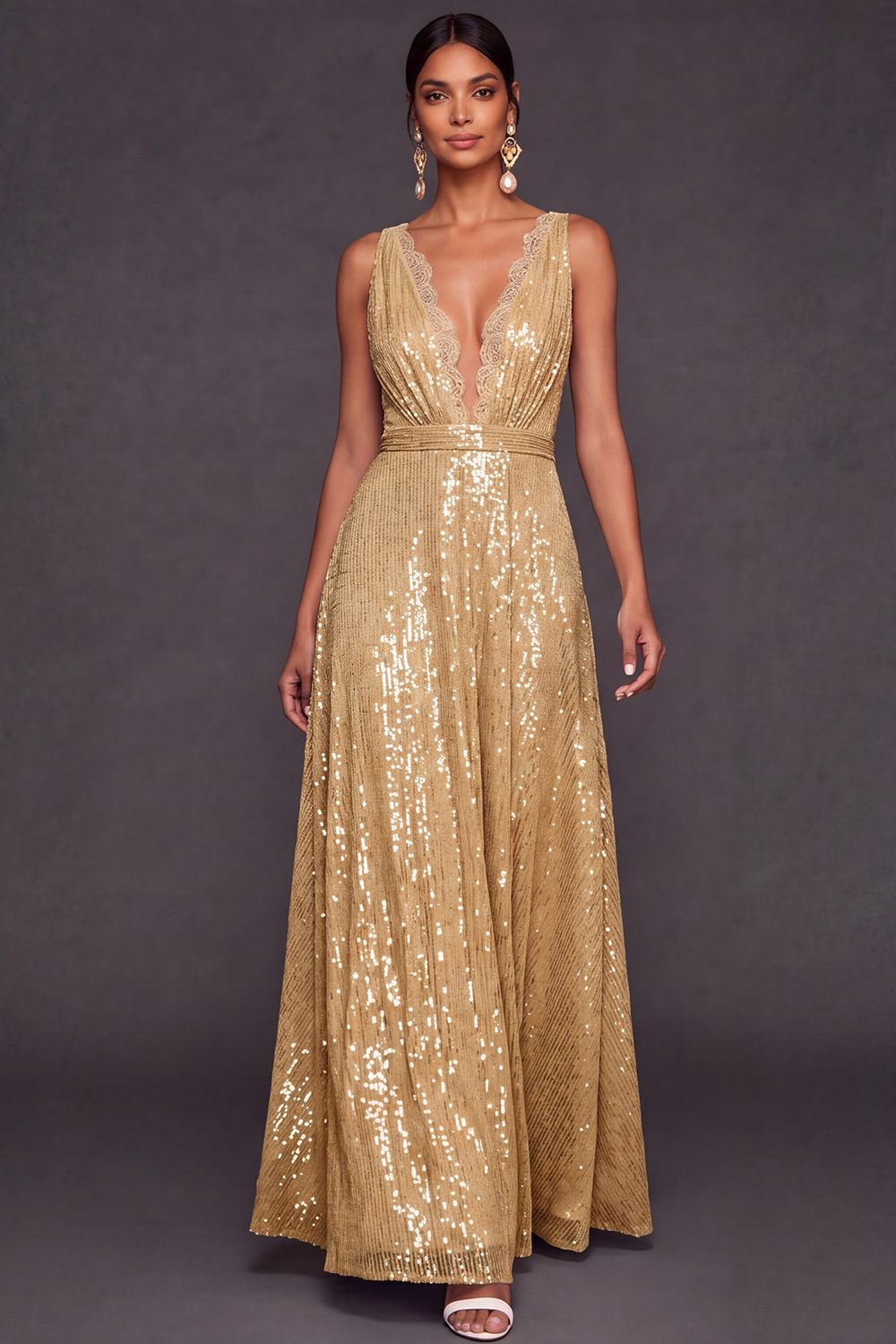Light Blue Formal Dress A-Line V-Neck Sequin Maxi Dress with Lace