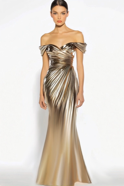 Party Evening Dress Gold Metallic One-Shoulder Pleated Floor-Length Dress