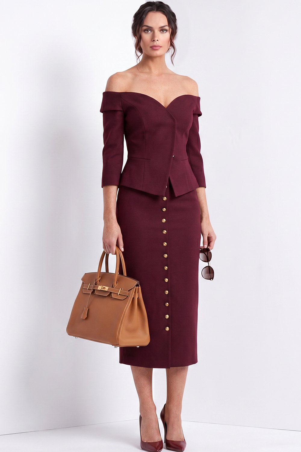 The Marbury Wine Red Off Shoulder Sheath Midi Work Skirt Set | Chiclody
