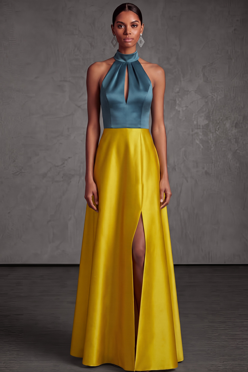 Golden Formal Evening Dress Halter Satin Maxi Dress with Slit