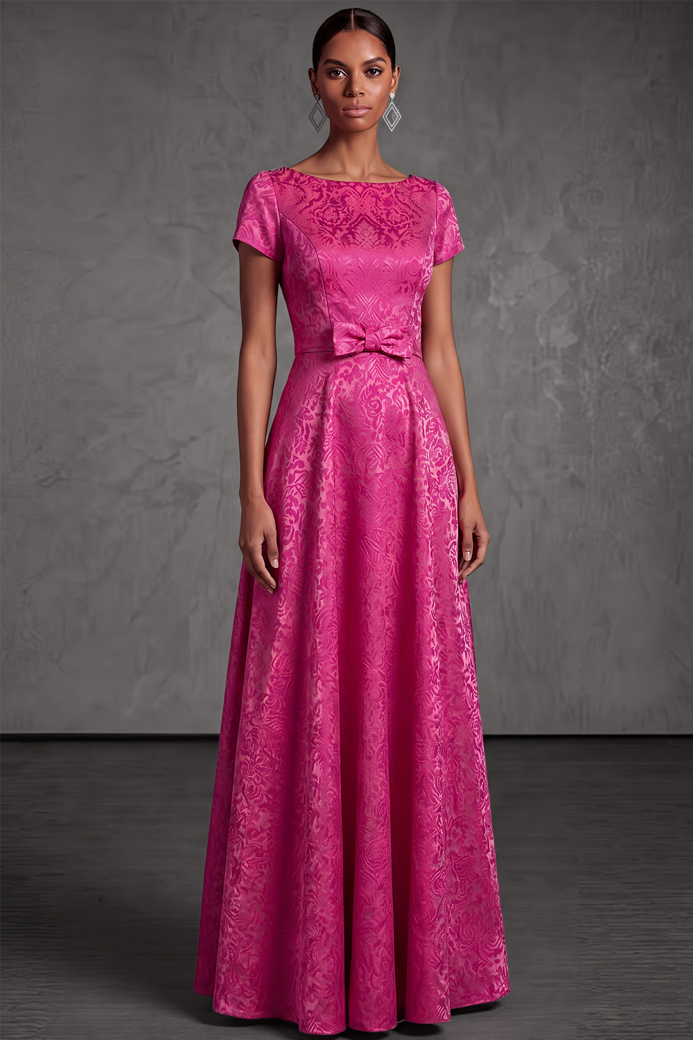 Fuchsia A-Line Formal Dress Crew Neck Floral Maxi Dress with Bow