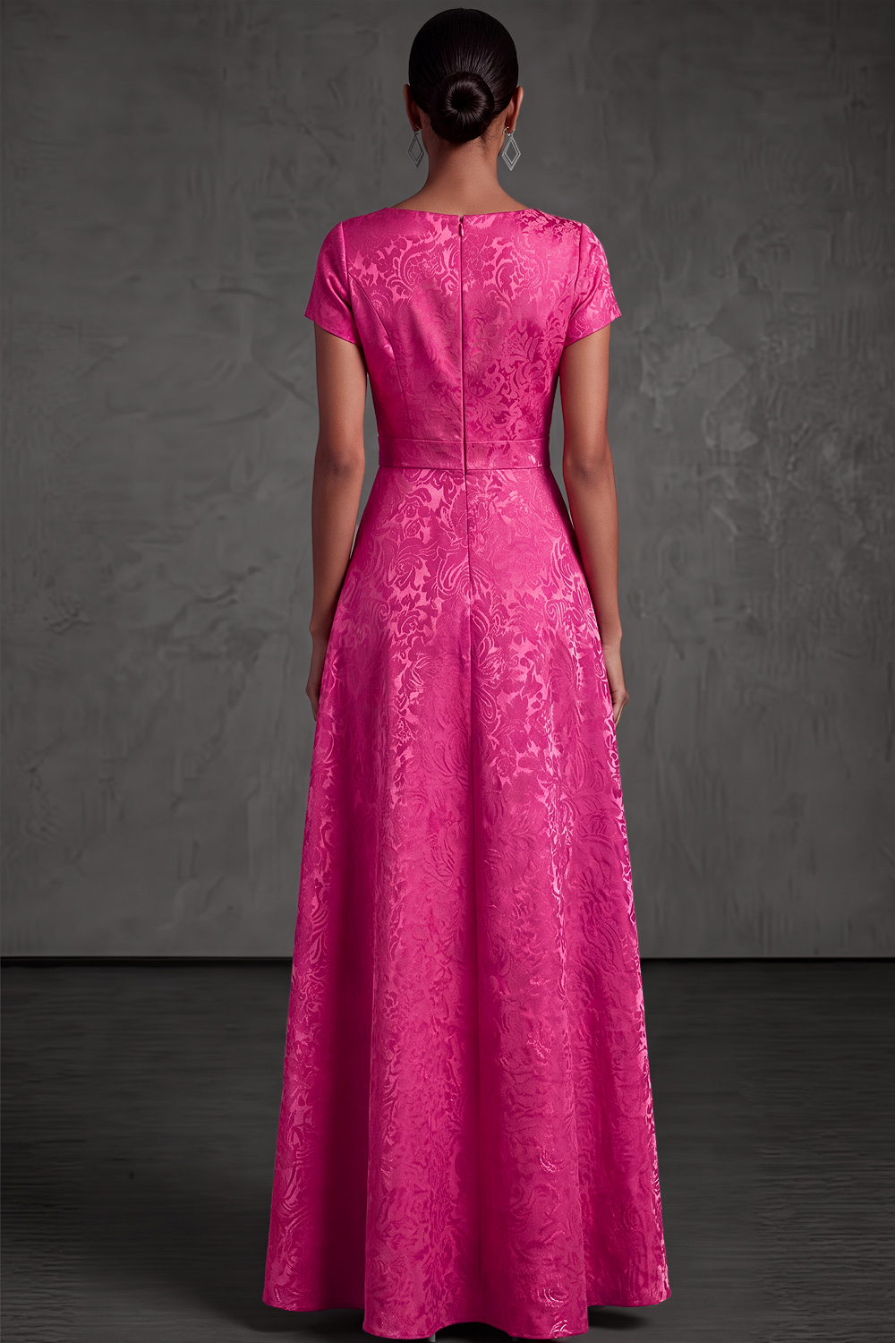Fuchsia A-Line Formal Dress Crew Neck Floral Maxi Dress with Bow