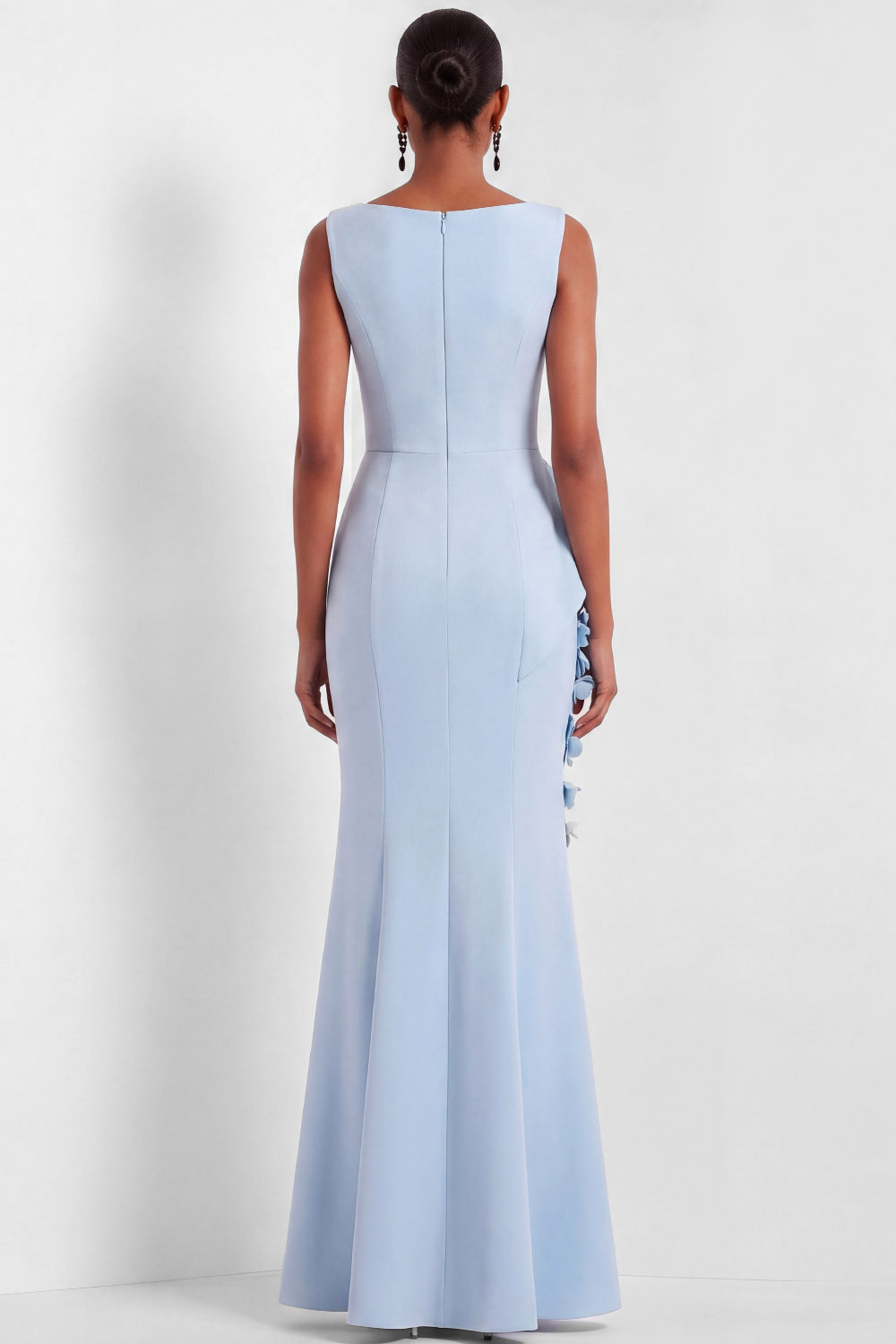 Light Blue Formal Dress Crew Neck Mermaid Maxi Dress with 3D Flower