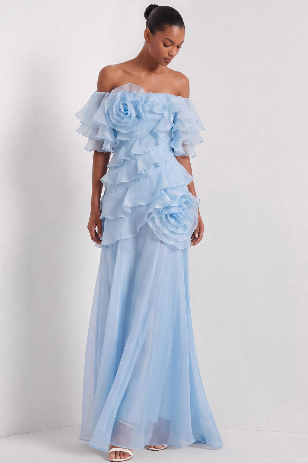 Sky Blue Formal Dress A-Line One Shoulder Pleated Chiffon Maxi