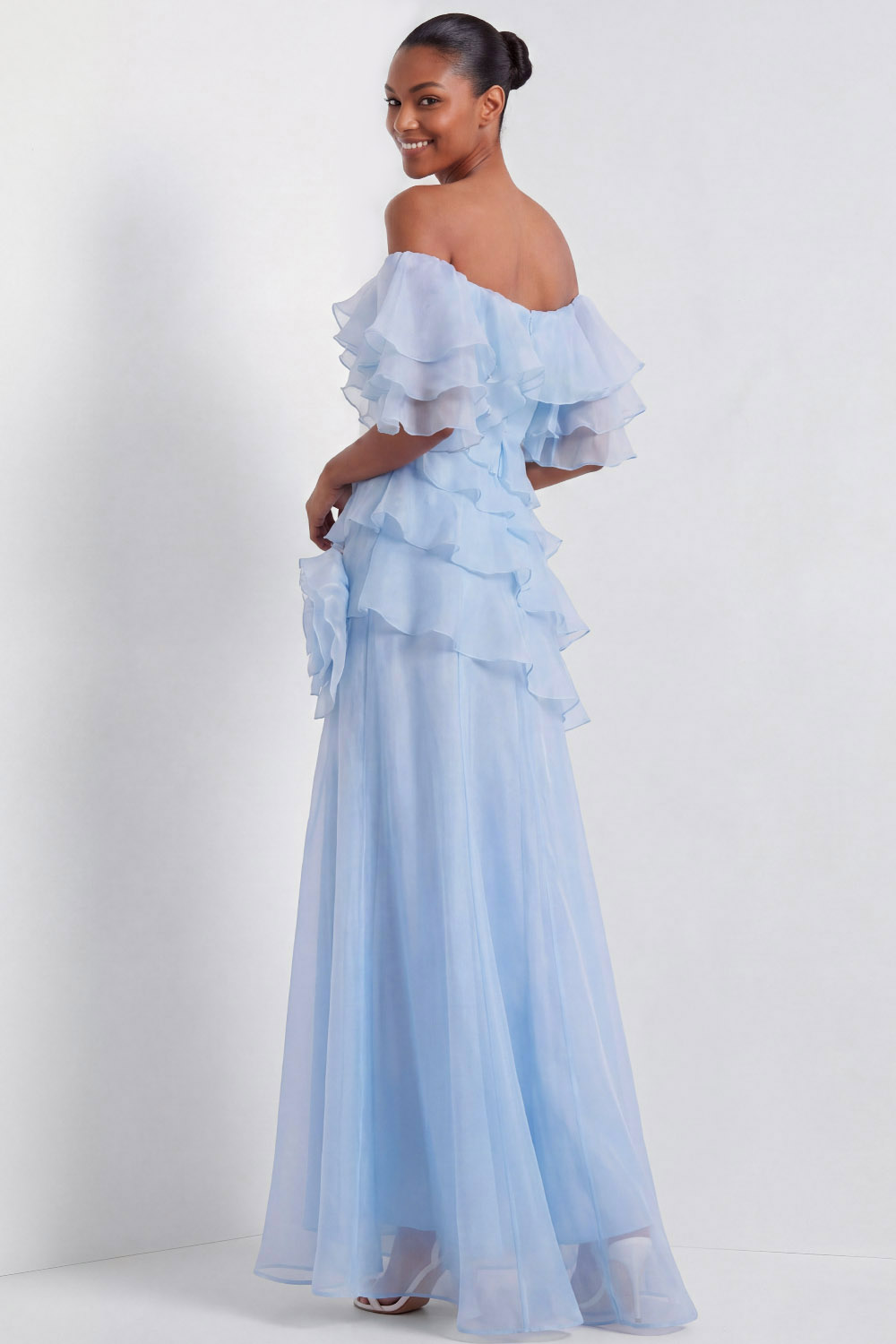 Light Blue Formal Dress Off the Shoulder Chiffon Maxi Dress with Ruffle