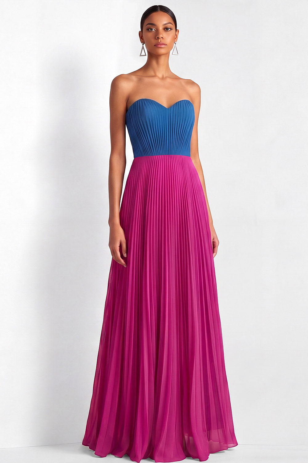 Fuchsia and Blue Formal Dress Sweetheart Pleated Chiffon Maxi Dress 