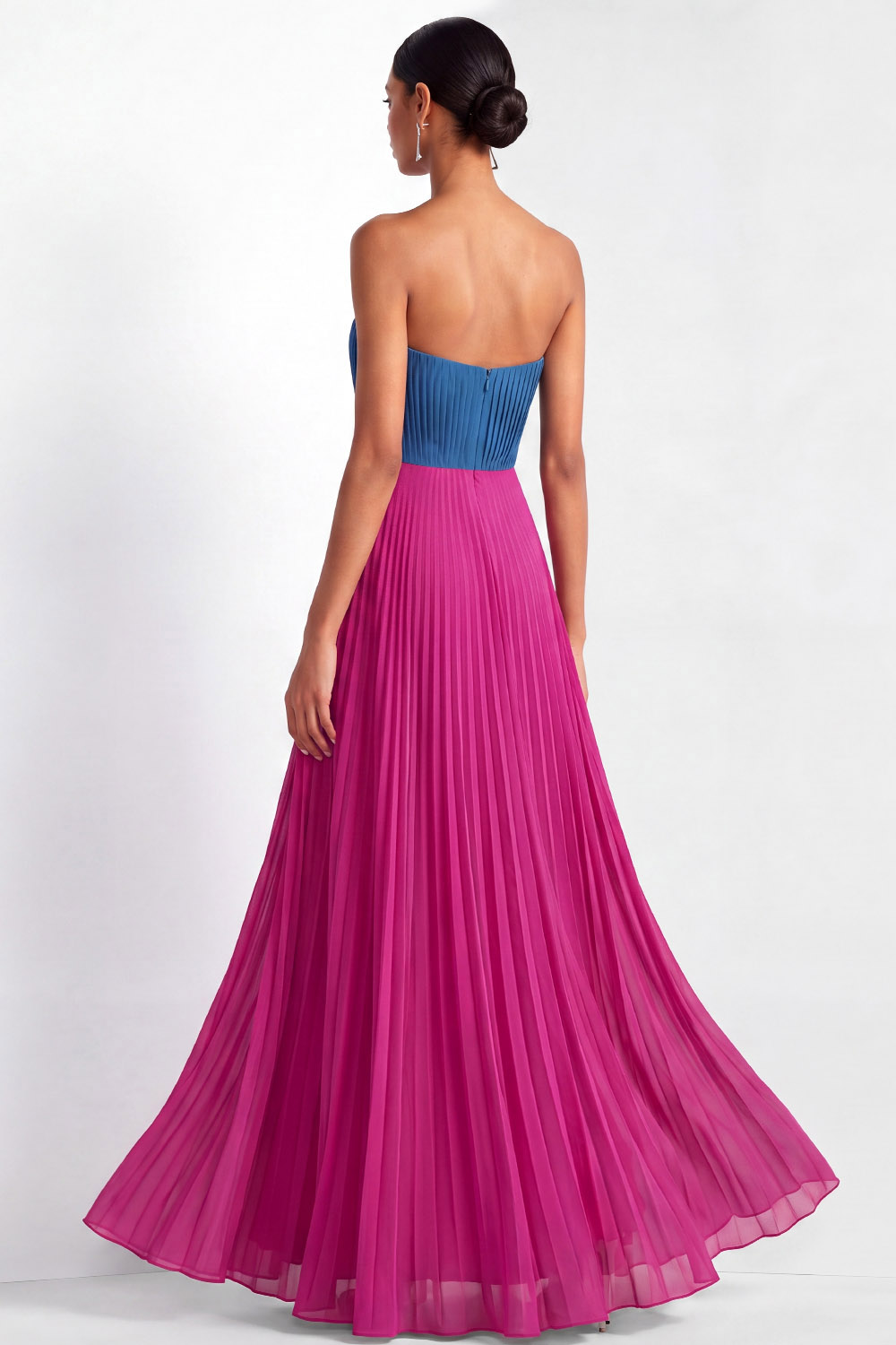 Fuchsia and Blue Formal Dress Sweetheart Pleated Chiffon Maxi Dress 