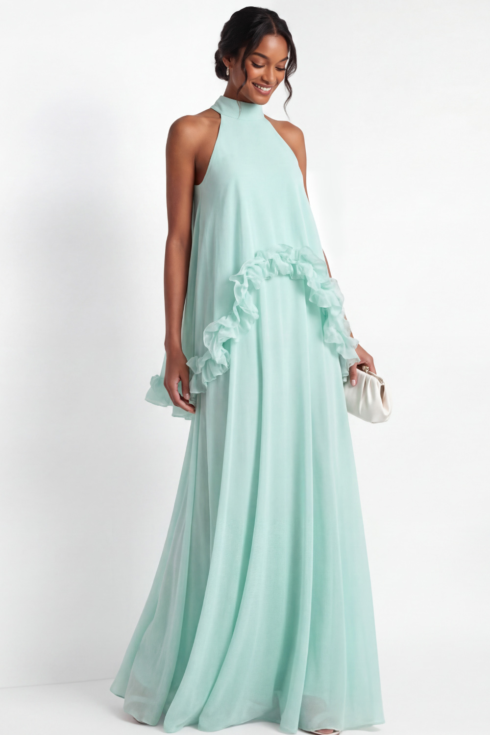 The Cascade Navy Halter A-Line Chiffon Ruffled Wedding Guest Dress | Chiclody