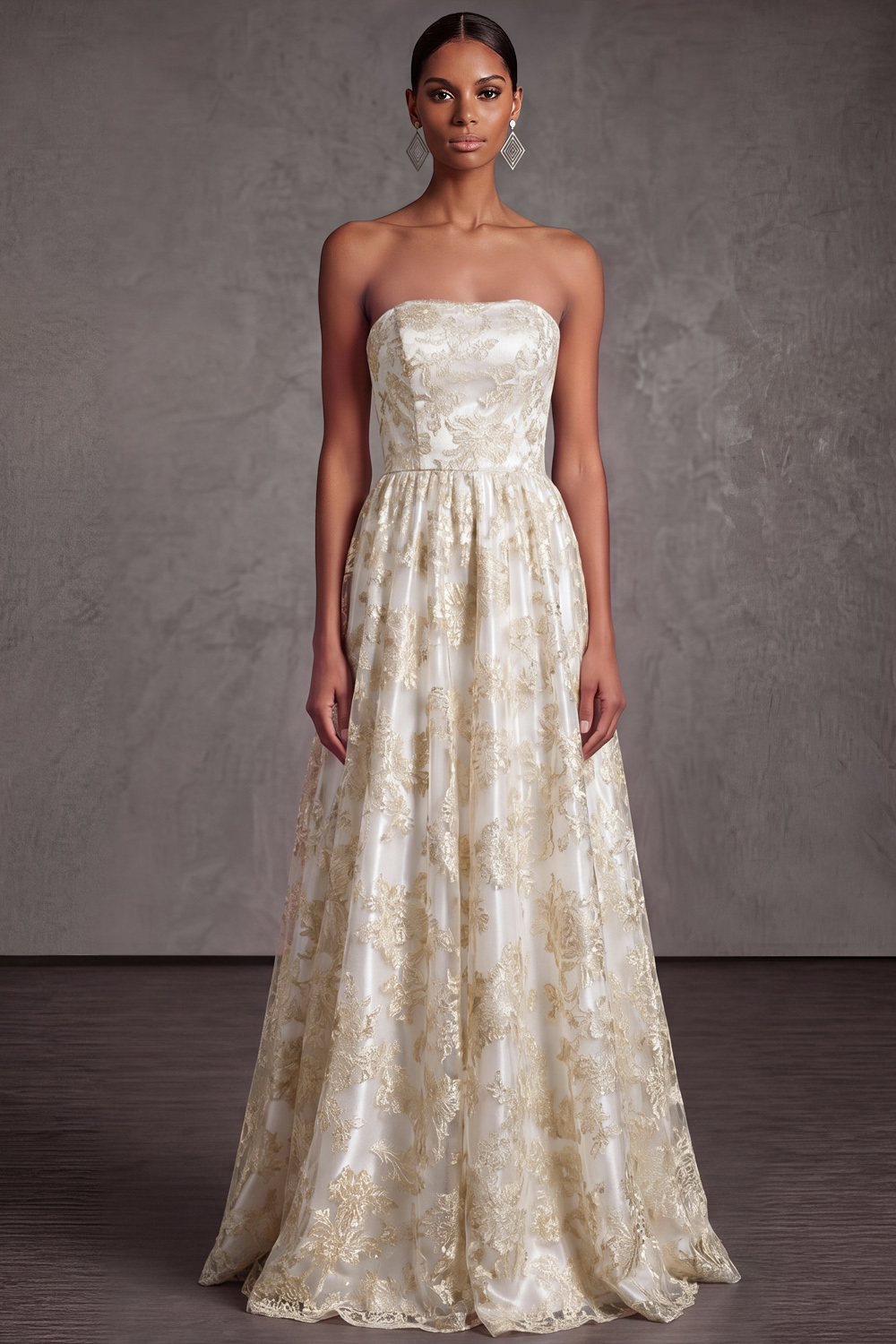 Champagne A-Line Formal Dress Strapless Floral Satin Maxi Dress