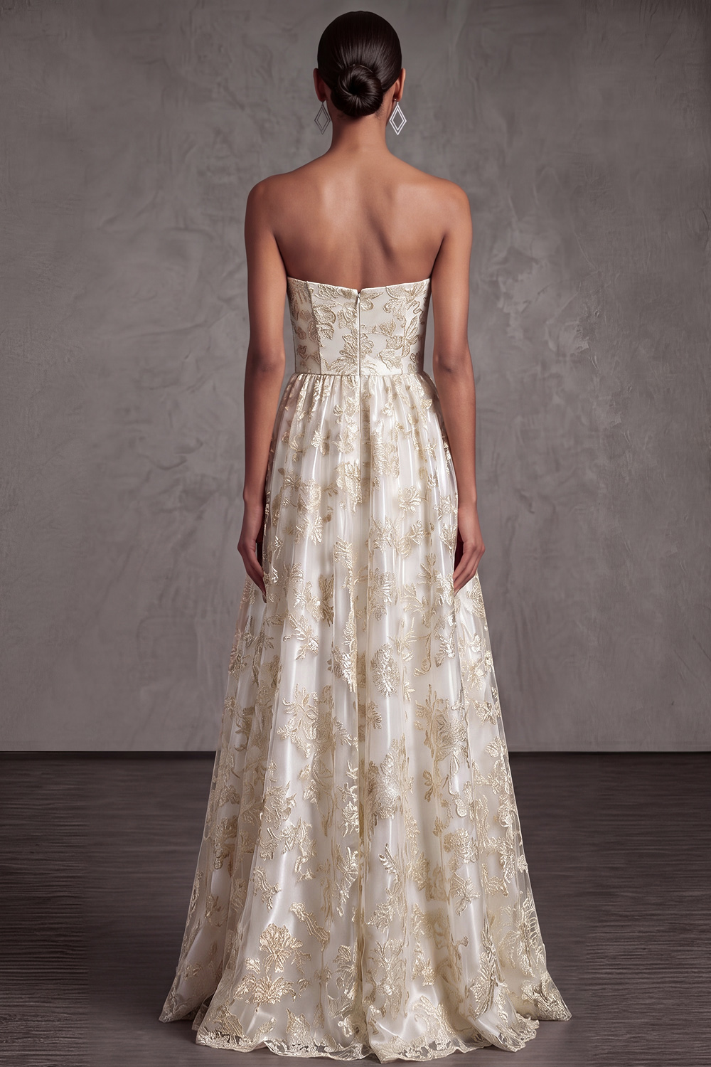 Champagne A-Line Formal Dress Strapless Floral Satin Maxi Dress