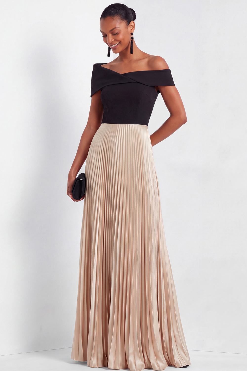 Champagne Formal Evening Dress Off the Shoulder Satin Pleated Maxi Dress 