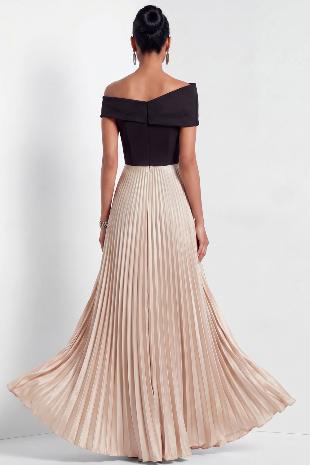 Champagne Formal Evening Dress Off the Shoulder Satin Pleated Maxi Dress 