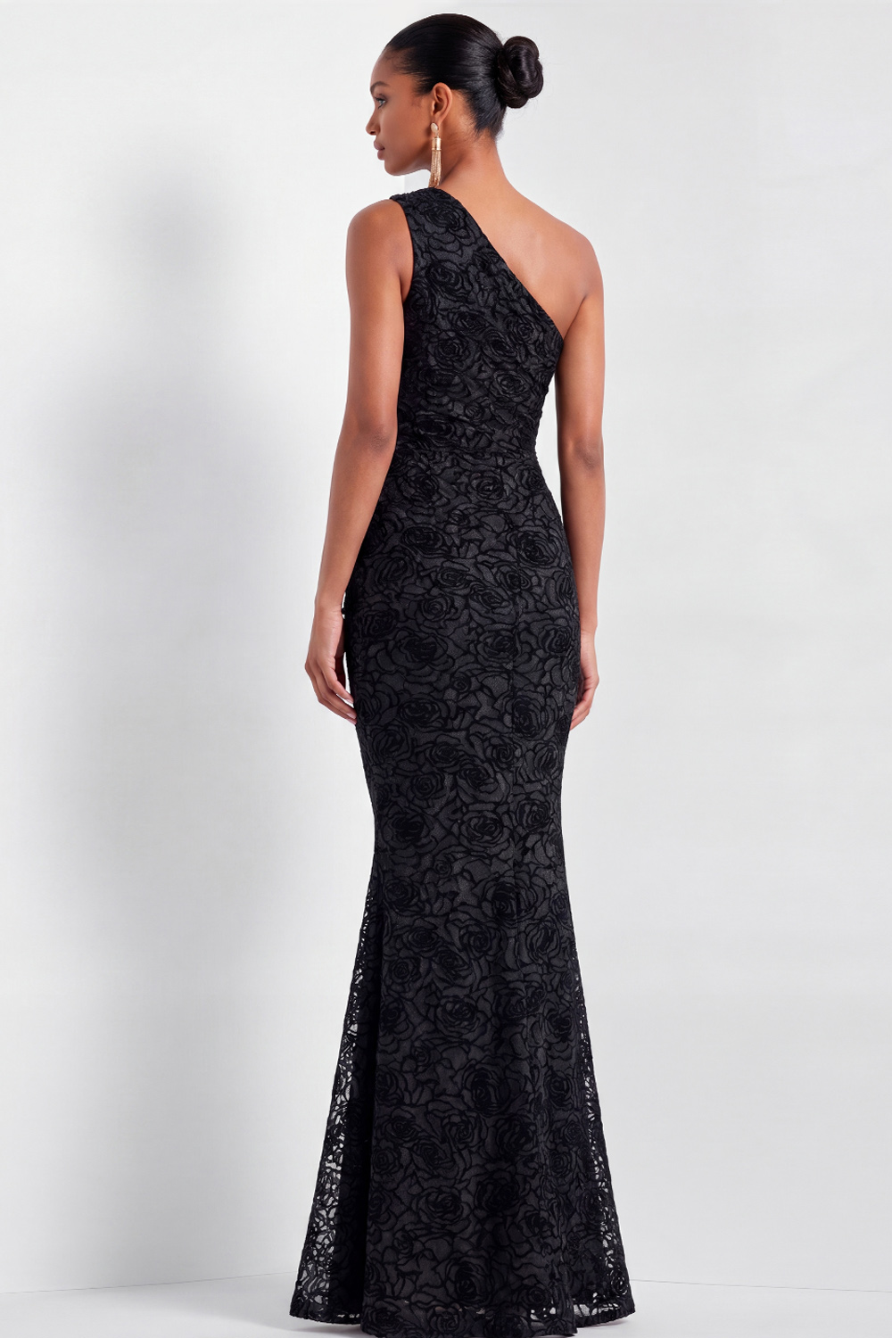 Black Formal Evening Dress One Shoulder Mermaid Lace Maxi Dress 